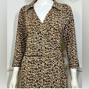 ✨⚡️💥Vintage Tan and Brown Geometric Print Wrap Dress Large 1990s